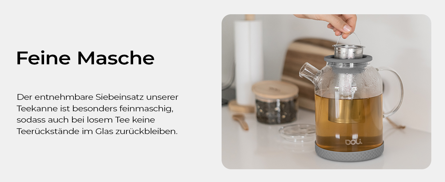 Скляний чайник Doli 1,5 л з сіткою з нержавіючої сталі, чорний — для гарячих та холодних напоїв, підходить для посудомийки, BPA-free