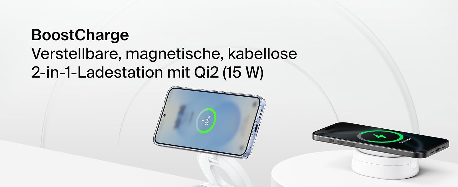 Бездротова зарядна станція 2-в-1 Belkin BoostCharge Qi2 15W MagSafe для iPhone 17, AirPods, Pixel, біла (з адаптером 30 Вт)