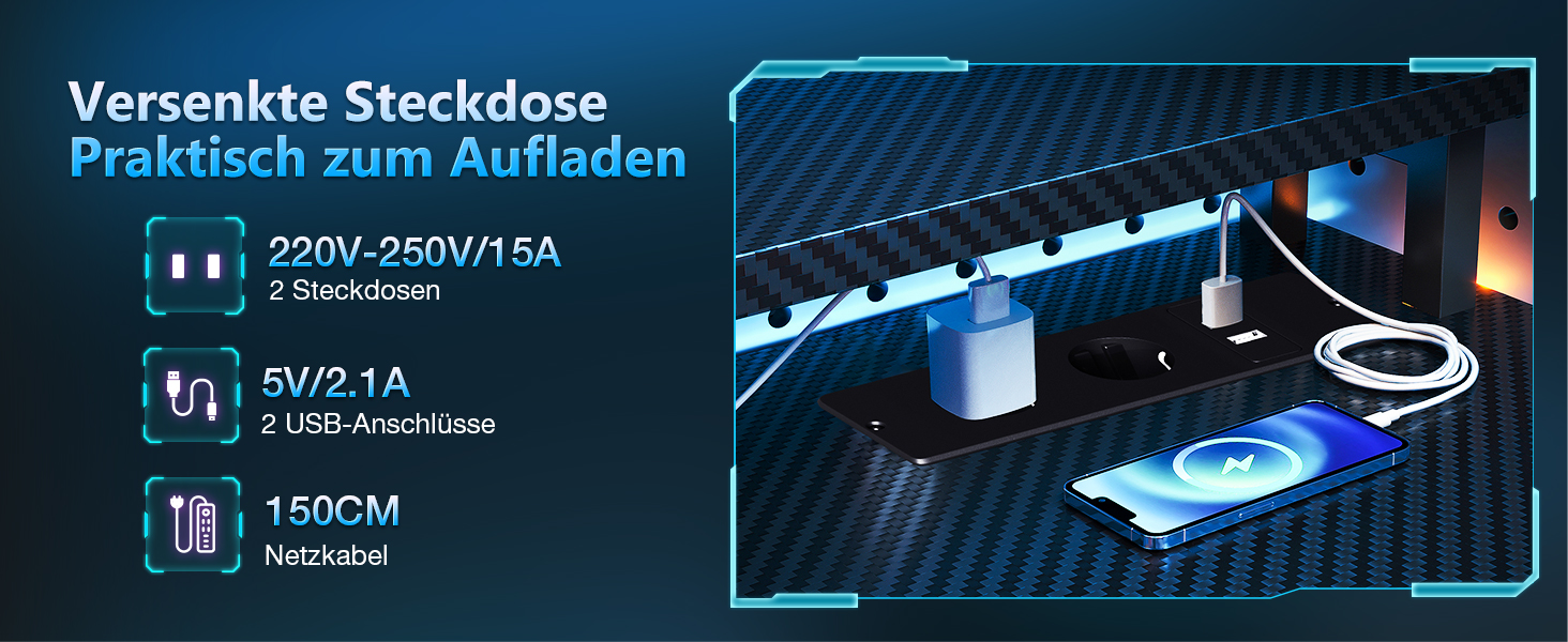 Ігровий стіл Coleshome з шухлядами 151x50 см, LED-підсвічуванням та розеткою. Комп'ютерний стіл з полицями та підставкою для монітора, карбонове волокно, чорний.