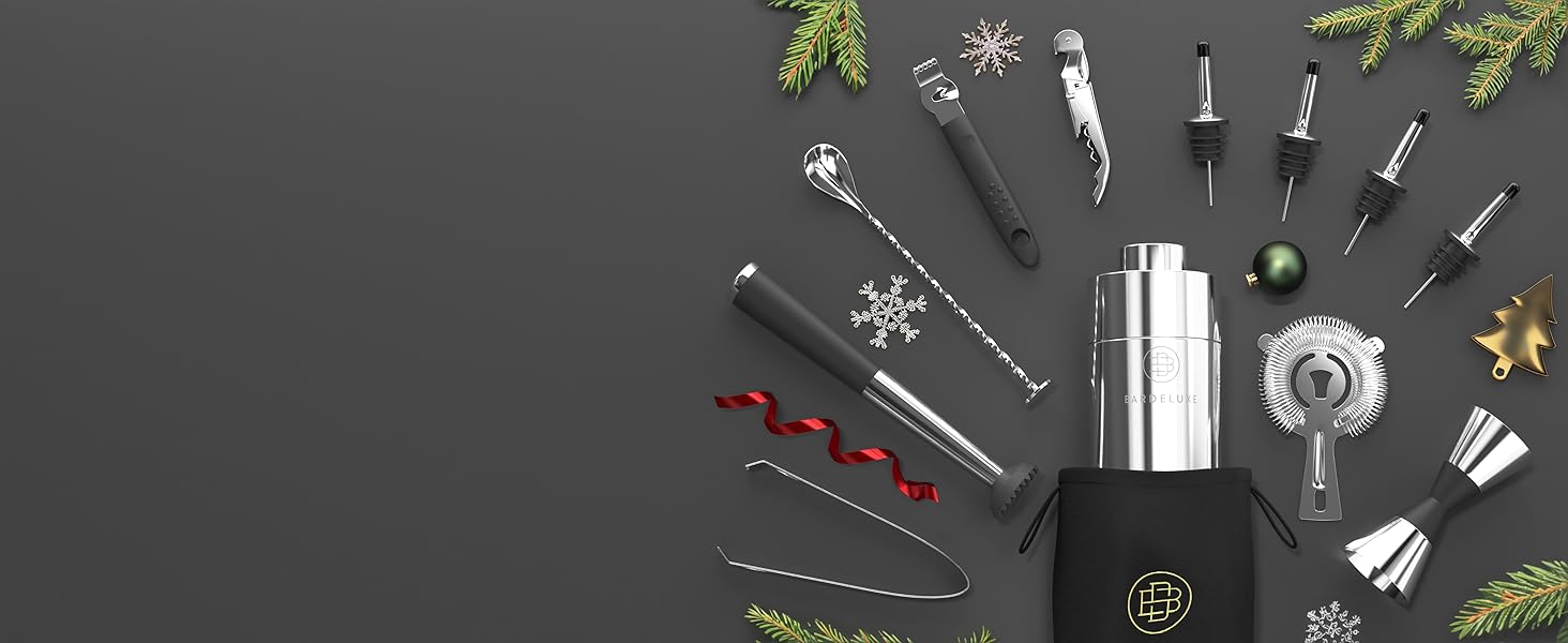 Набір для коктейлів BarDeluxe® 12 предметів: шейкер, міксер, аксесуари | 750 мл, нержавіюча сталь, рожеве золото (срібло) | Преміум подарунковий набір для барменів