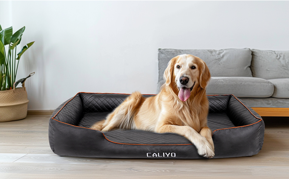 Ортопедичне ліжко для собак Caliyo - Маленькі породи, Крісло-лежанка з екошкіри, Водонепроникне, Миюче, з Memory Foam, 85x63x20 см, Чорний