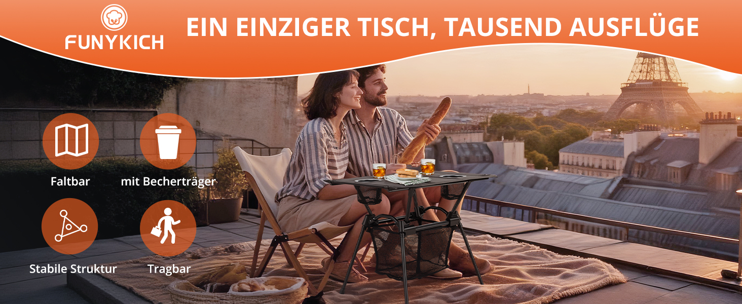 FUNYKICH Складаний туристичний стіл для кемпінгу 82 x 40 см, регулювання висоти (44/70 см), легка збірка, портативний стіл з сітчастою кишенею, алюмінієва розкладна стільниця для барбекю, кемпінгу, вечірки, саду (тканинна стільниця - 59 x 43 x 51 см)