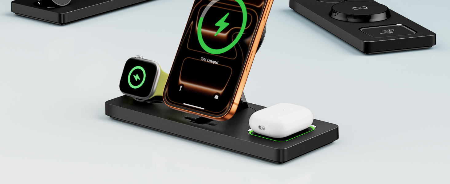 MagSafe зарядна станція 3-в-1 для iPhone, Apple Watch та AirPods (20W адаптер) - Чорна, складна індуктивна зарядка MagSafe сумісна з iPhone 17/16/15/14/13/12