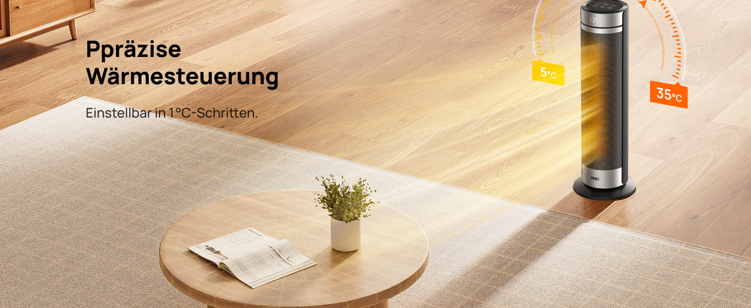 Електричний обігрівач Dreo 23 дюйми, 2000 Вт, тихий, з пультом керування, таймером 12 годин, 70° коливанням, 5 режимів, PTC кераміка з термостатом, для великих приміщень, офісу, срібний