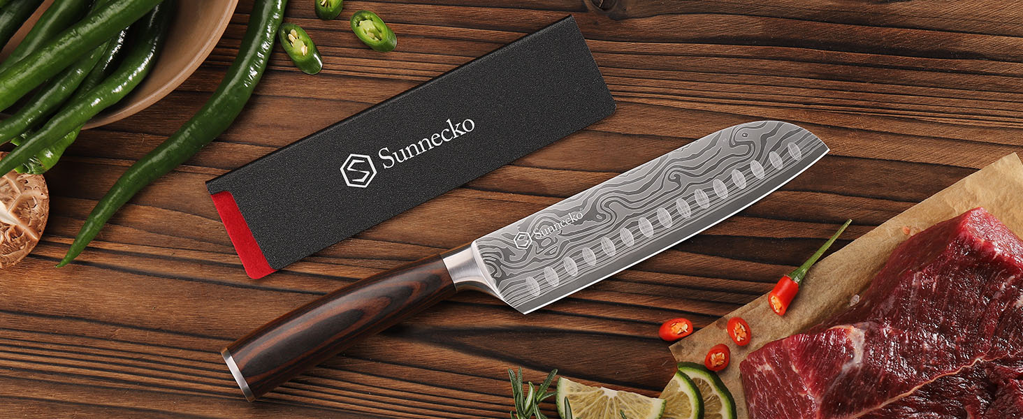 Японський ніж Sunnecko Santoku 17см - професійний кухонний ніж для приготування їжі, ніж шеф-кухаря, ніж для овочів та м'яса