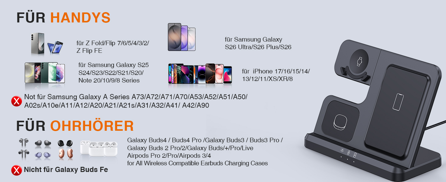 Бездротова зарядка 3-в-1 Samsung: для Galaxy Watch 8/7/6/5/4, Galaxy Buds, Galaxy S26/S25/S24/S23/S22, Z Flip/Fold (Чорний матовий)