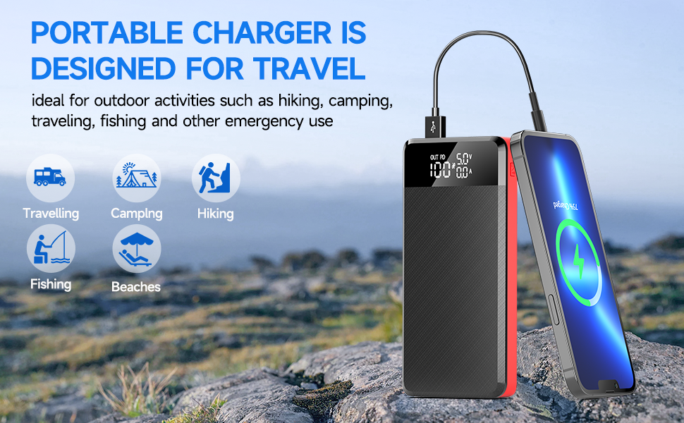 Power Bank 26800mAh з LED-дисплеєм, швидкою зарядкою QC 22.5W та USB C PD 25W, 5 виходами та 2 входами для телефонів, планшетів, кемпінгу та подорожей