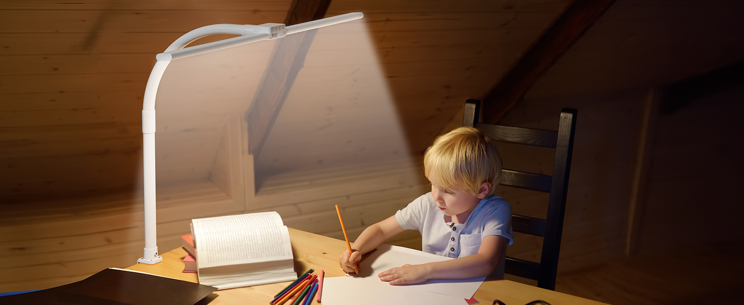 SIBRILLE Dual-Head LED Desk Lamp - Adjustable, Dimmable, Eye Protection for Office, PC, and Monitor Use