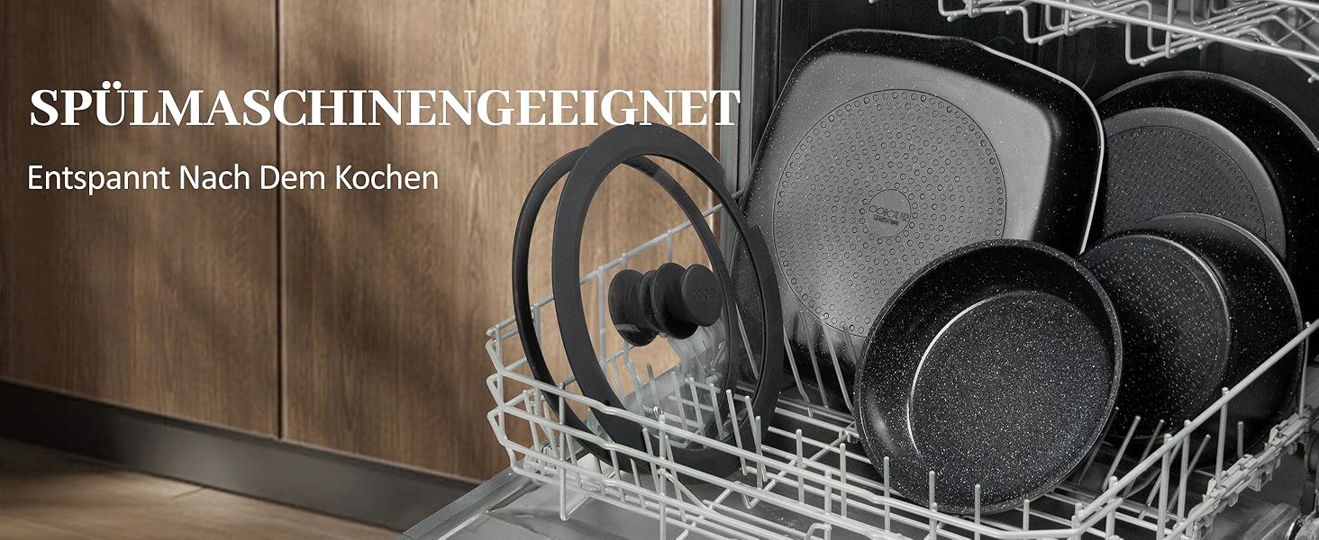 Набір посуду керамічний 23 предмети з антипригарним покриттям та знімними ручками, чорний. Підходить для всіх типів плит, включаючи індукційні. Сковороди 20/26 см, каструля 18 см, сотейник 24 см, жароміцний.