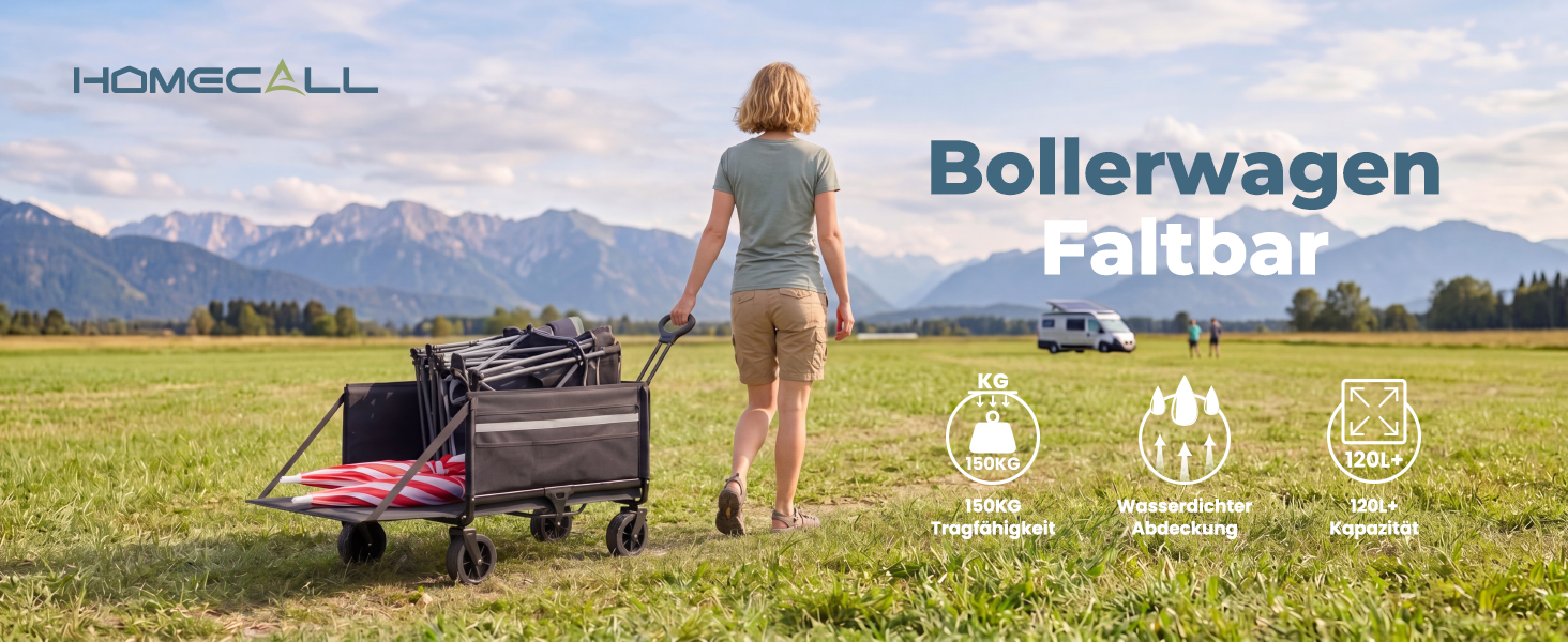 Універсальний складаний візок Bollerwagen 120л для пляжу, кемпінгу, транспортування з гальмами та захистом від дощу