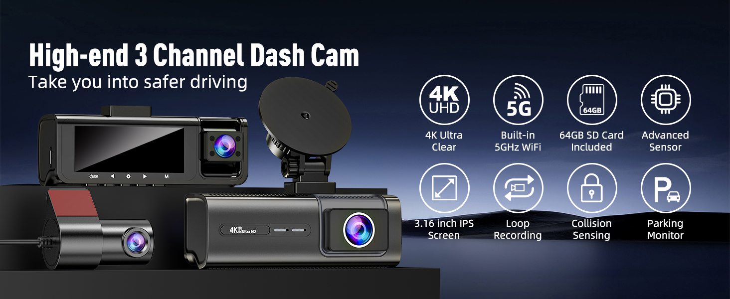 3-канальний автомобільний відеореєстратор 4K+1080P+1080P (передній, задній, салон), 5GHz WiFi, 3.16
