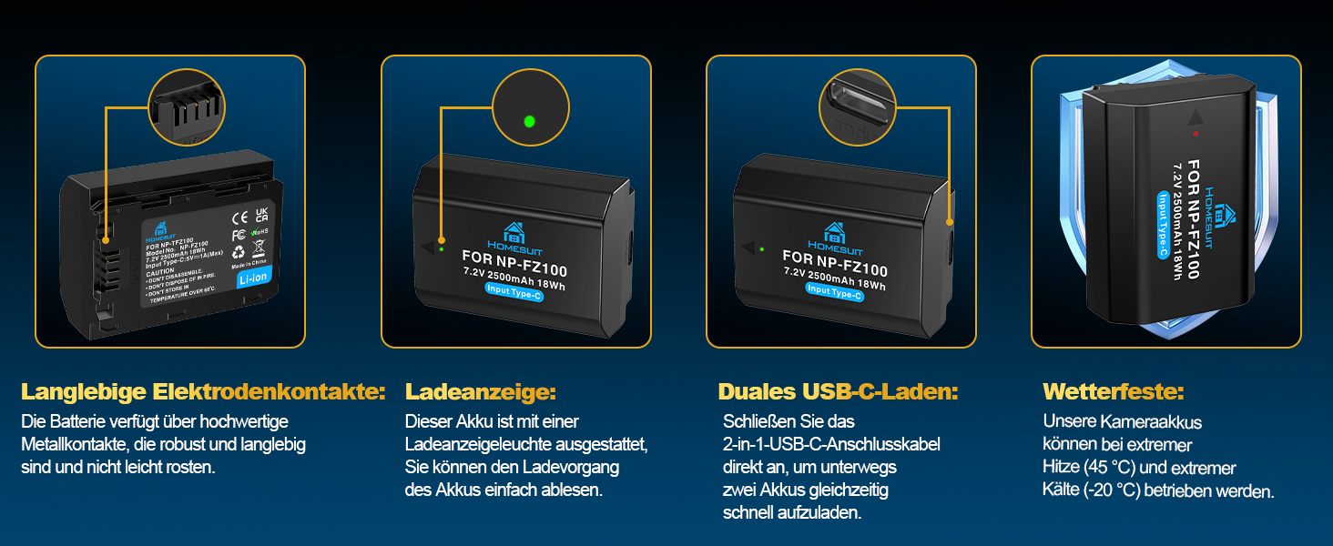 Акумулятор NP-FZ100 Homesuit 2280mAh та подвійний зарядний пристрій для камер Sony ZV-E1, FX3, FX30, A7RIII, A7RV, A7RIV, A7SIII, A7III, A7IV, A7C, A7CII, A6600, A6700, Alpha A1, A9, A9II, A9III, 9R, A9R, 9S (2 шт.)