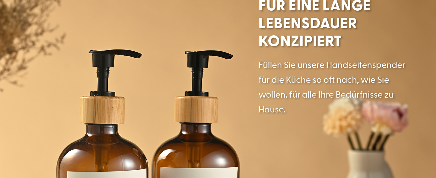 Набір дозаторів для мила та рідкого миючого засобу MaisoNovo: 2 скляні дозатори (500 мл) + 1 коричневе скло, біла бамбукова помпа