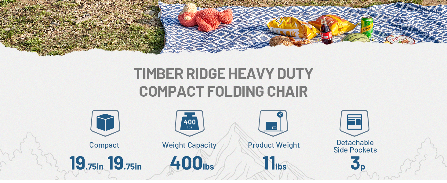 Крісло для кемпінгу Timber Ridge, складне, 180 кг, з бічним столиком та кишенею, блакитне