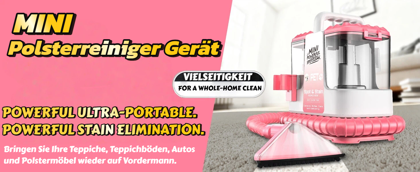 Портативний мийник для м'яких меблів 600W, 16Kpa, з розчином 500мл та 5 насадками. Для диванів, килимів, авто та сходин. Легкий та компактний, рожевий колір