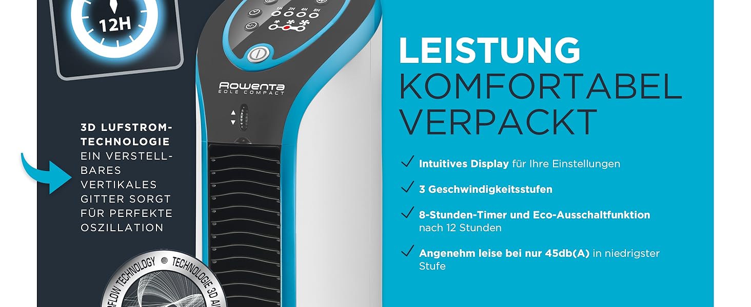 Турбовентилятор Rowenta Eole Compact VU6210: компактний, 44 см, білий/чорний