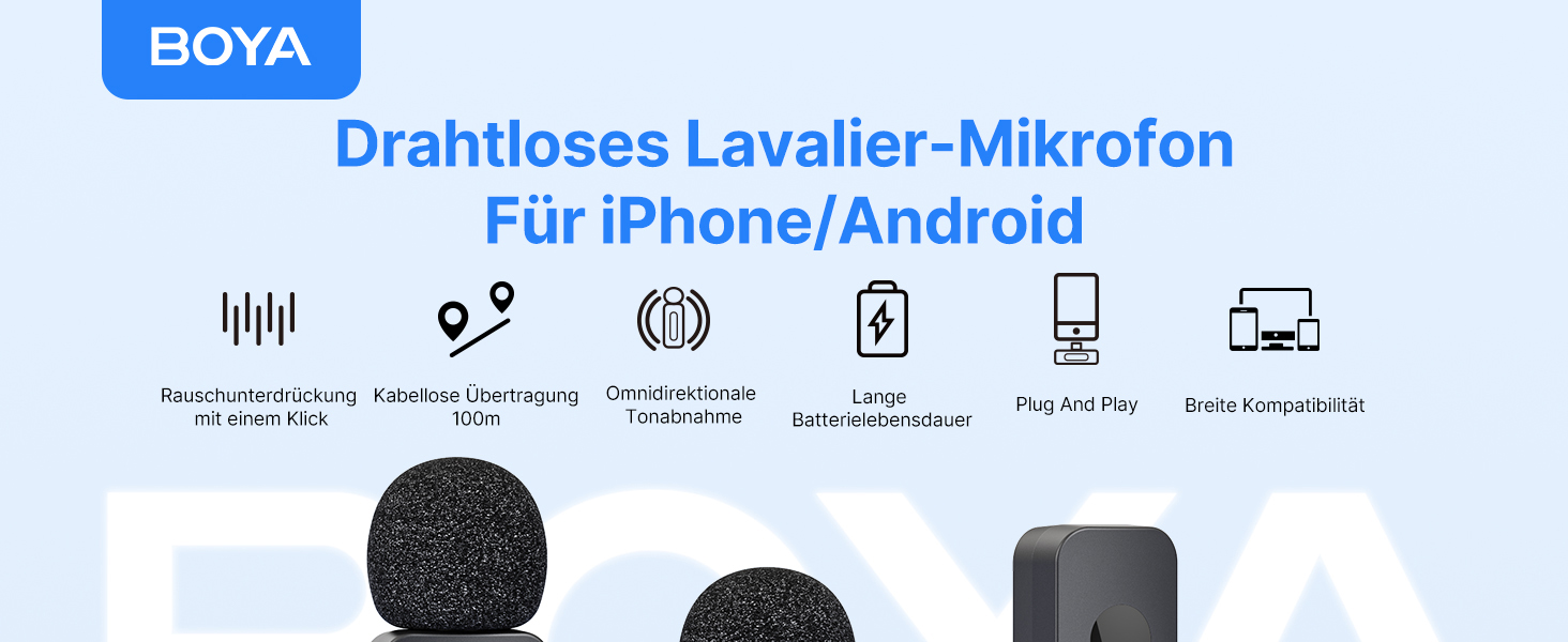 BOYA BY-V20 Бездротовий мікрофон-петличка для смартфона, iPhone, Android, USB-C, 48 КГц/16 біт, 9 годин роботи, шумозаглушення