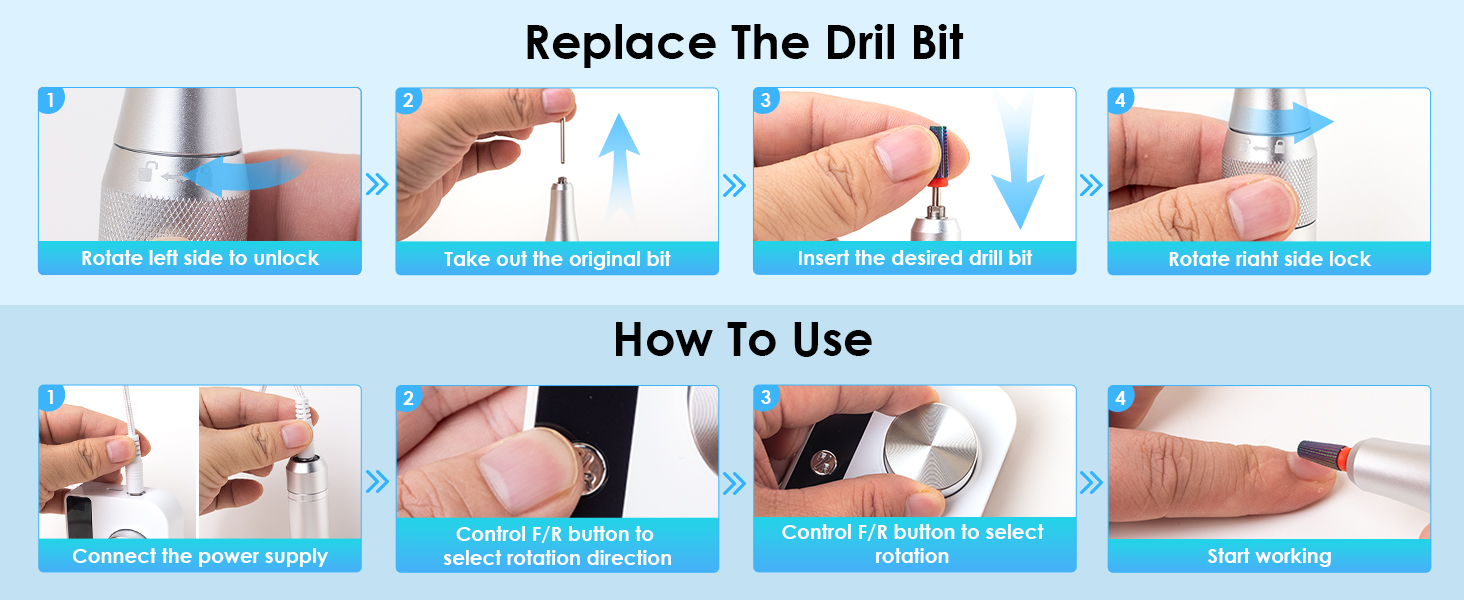 Електричний фрезер для нігтів з LCD дисплеєм, 40000 об/хв, 15 насадок, для манікюру та педикюру, F/R напрямок обертання, для салону та дому (білий)