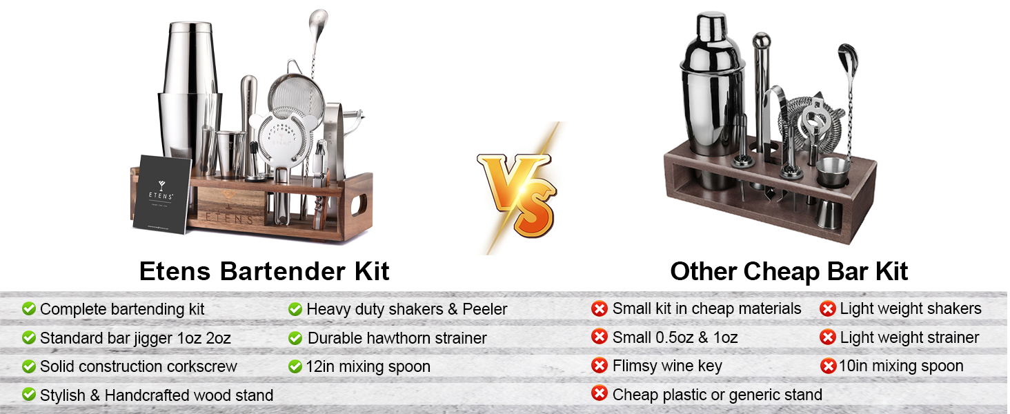 Набір бармена Etens 15 предметів з дерев'яною підставкою – набір шейкерів Boston з нержавіючої сталі з мірним стаканом, стрейнером, мадлером та аксесуарами для бару – професійний міксологічний набір у подарунок для дому та бару
