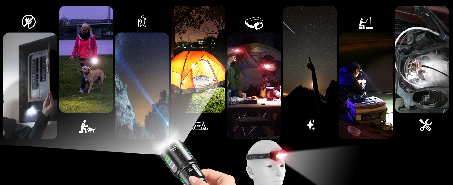 Ліхтар LED акумуляторний тактичний, 500000 люмен, 5 режимів, плавне регулювання яскравості, для кемпінгу та надзвичайних ситуацій, чорний