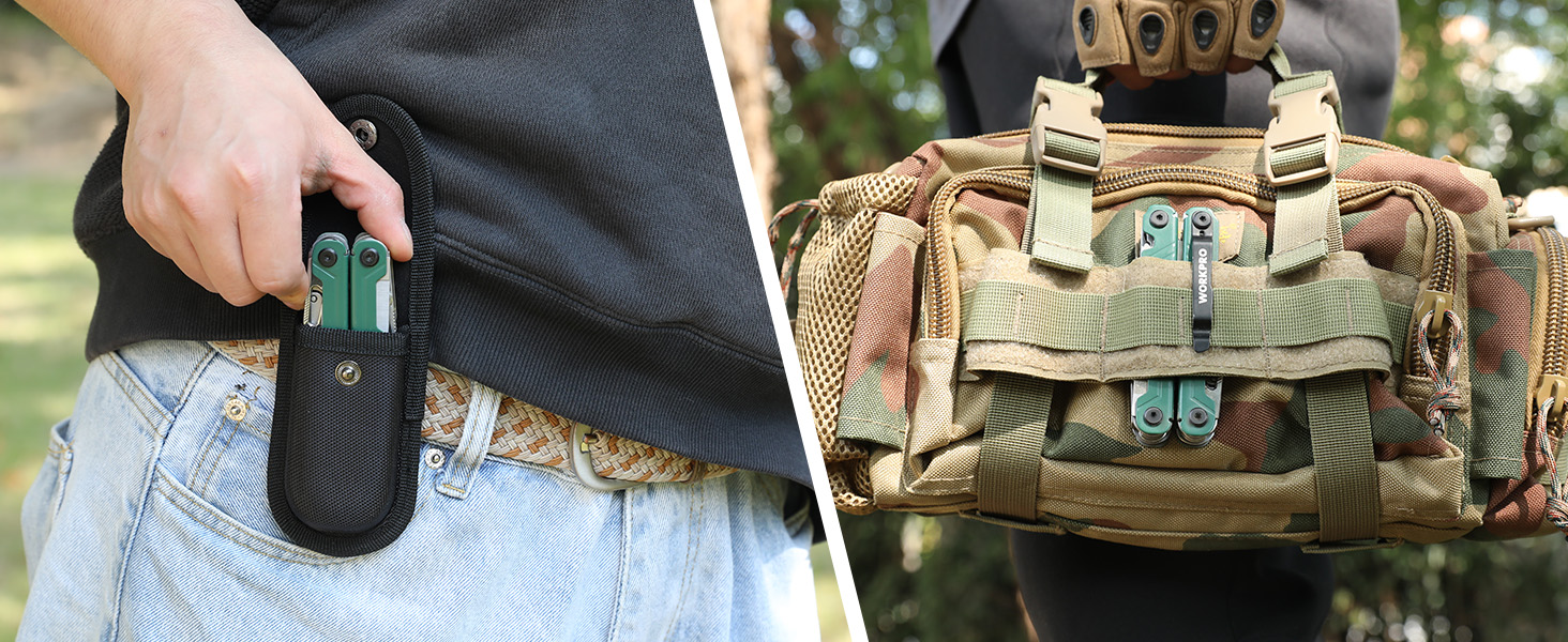 Мультитул WORKPRO 18 в 1: мультиінструмент з нержавіючої сталі з ножем, відкривачкою, ножицями, кліпсою для ременя. Ідеально для кемпінгу, ремонту, подарунок. У комплекті сумка.