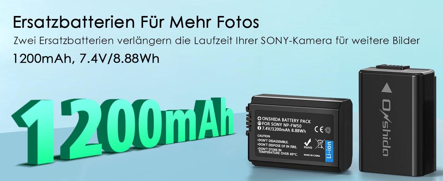 Akku Onshida NP-FW50 1200mAh 2 шт. для Sony Alpha/NEX/ZV-E10 (A6000, A6500, A7II, A7RII, A7S, A7S2, A7R, RX10, A3000, A33, A35, A37, A55, A5100)