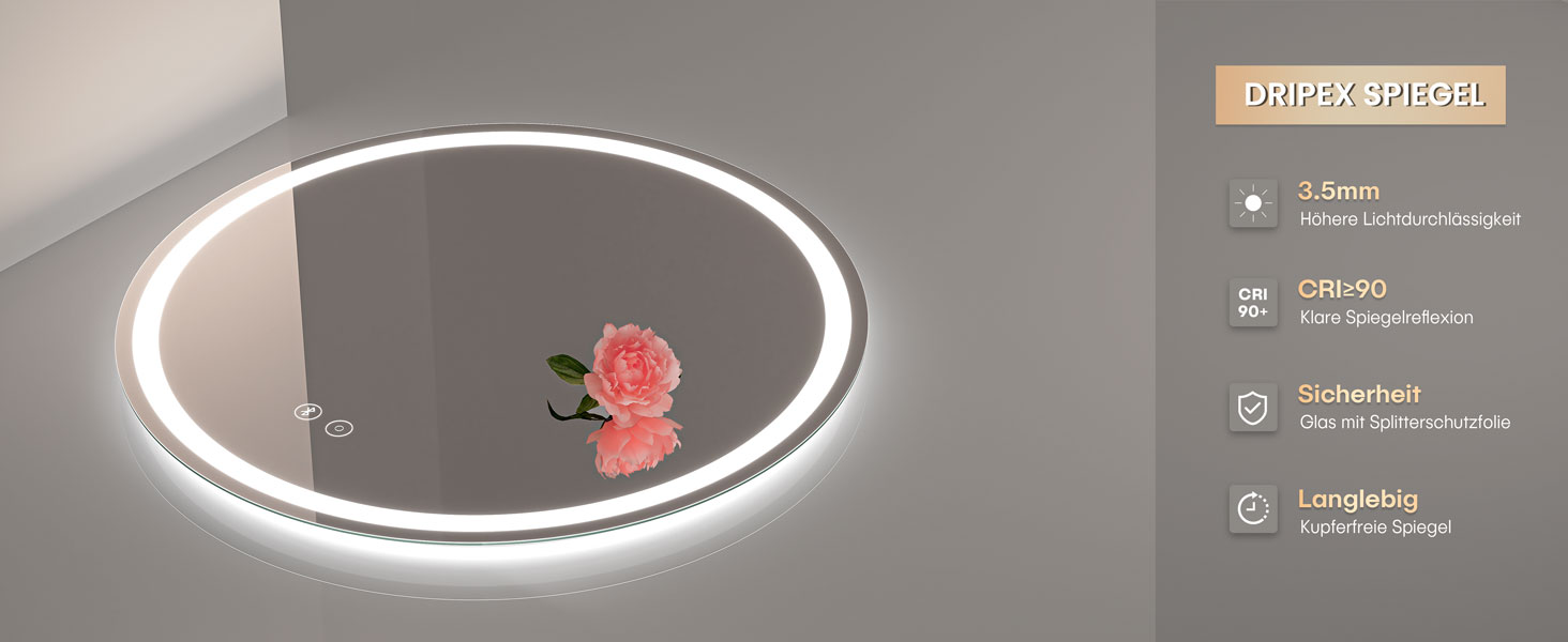 Дзеркало для ванної кімнати Dripex круглої форми з підсвічуванням LED, сенсорне керування, регулювання яскравості, 3 кольори світла, запобігання запотіванню, 60x60 см (Bluetooth, запобігання запотіванню, 3 кольори, регулювання яскравості)