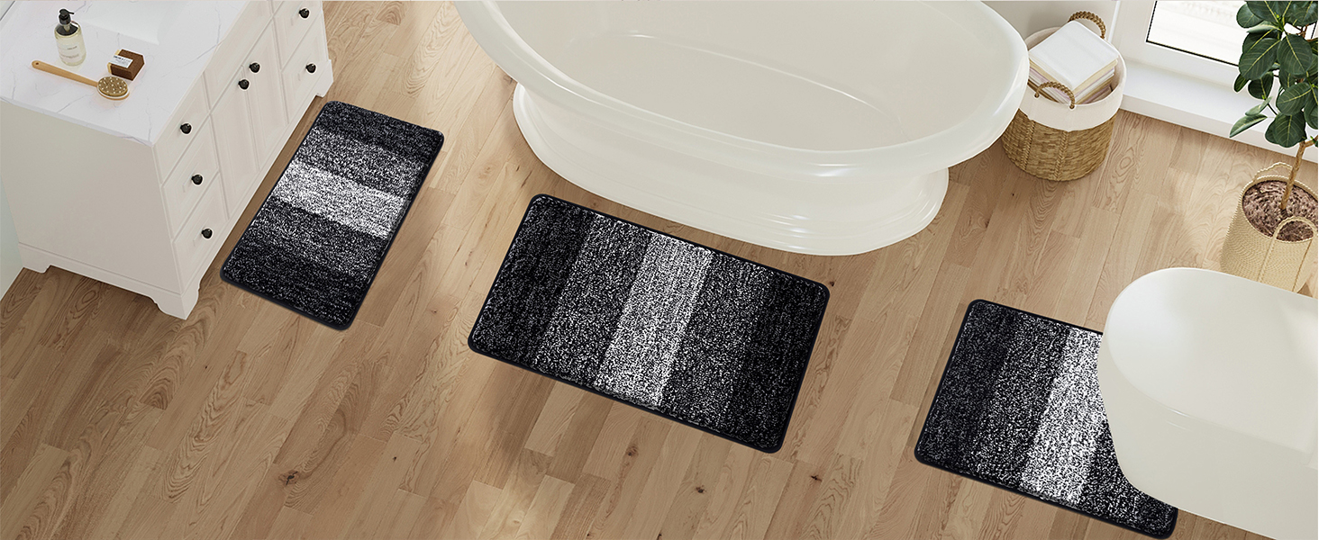 Enyhom 3-Piece Microfiber Bath Mat Set - Non-Slip Bathroom Rugs & Toilet Lid Cover - Soft & Washable (Black, 45x65cm, 50x80cm, 50x60cm)
