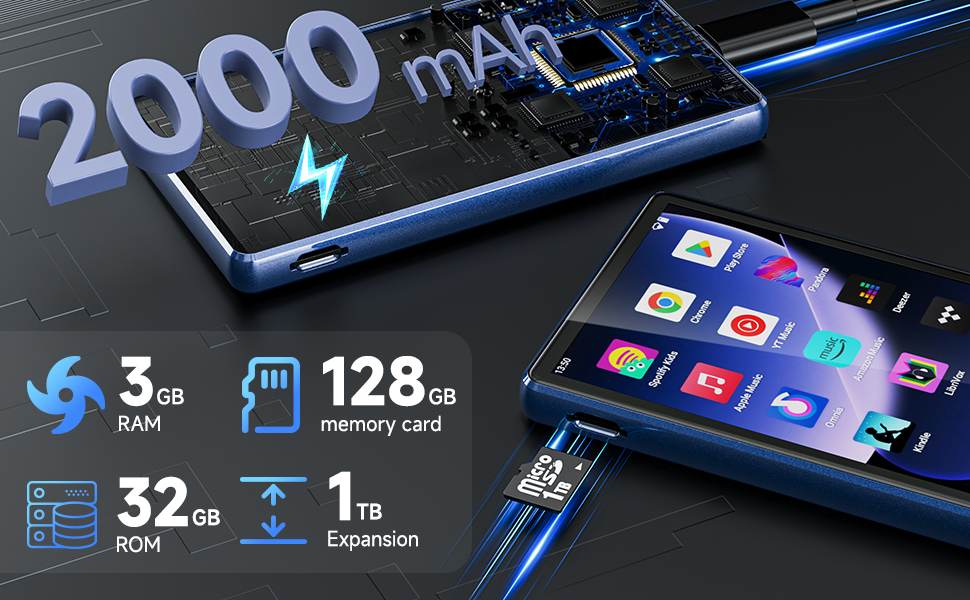 MP3 плеєр 163GB з WiFi, Bluetooth, Android 13, Spotify, FM радіо, сенсорний екран 4.5