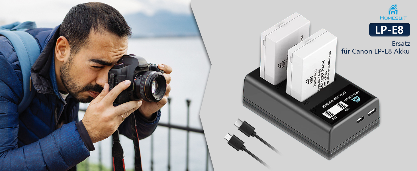 Акумулятор LP-E8 1800mAh та LED-зарядний пристрій для Canon EOS Rebel T2i T3i T4i T5i EOS 550D 600D 650D 650D 700D Kiss X4 X5 X6 X6i X7i (2 шт. акумулятори + 1 зарядний пристрій)