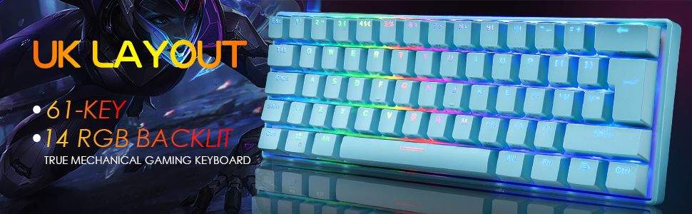 Ігровий комплект клавіатури та миші MK21: механічна клавіатура 60% з RGB підсвічуванням (62 клавіші), миша 6400 DPI та килимок для миші. Сумісний з PS4, Xbox, PC. Кольори: чорний/блакитний (Blue Switch)