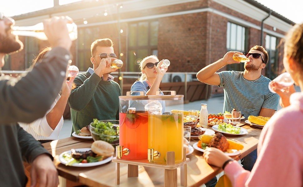 Набір з 2 диспенсери для напоїв на 6 літрів з дерев'яною підставкою, з герметичним клапаном та нержавіючим краном, для вечірок