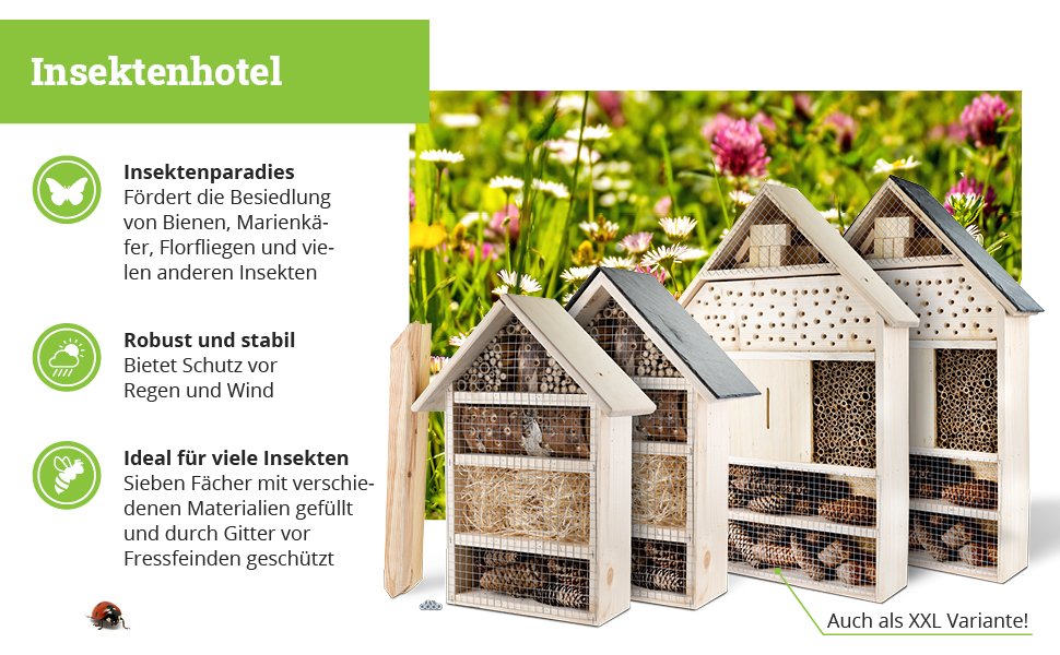 Інсектотель GARTENETAGE XXL – масивний будиночок для комах та бджіл, натуральне дерево, готель для комах з опорами, будиночок для сонечок і метеликів, допомога у гніздуванні та захист видів