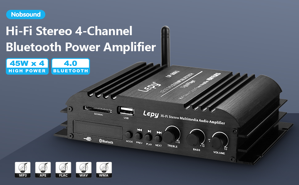 Nobsound Lepy Hi-Fi стерео підсилювач 4-канальний Bluetooth, USB/SD, з пультом і LED-дисплеєм для авто та дому