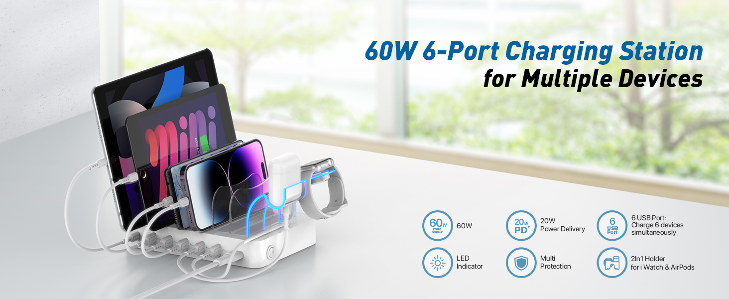 Зарядна станція SooPii USB 60W/12A, 6 портів з PD 20W для iPhone/Samsung, тримач для Apple Watch, 6 кабелів у комплекті - біла
