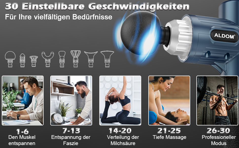 ALDOM Electric Massage Gun - Muscle Therapy Device with 30 Speed Settings & 8 Attachments - Blue