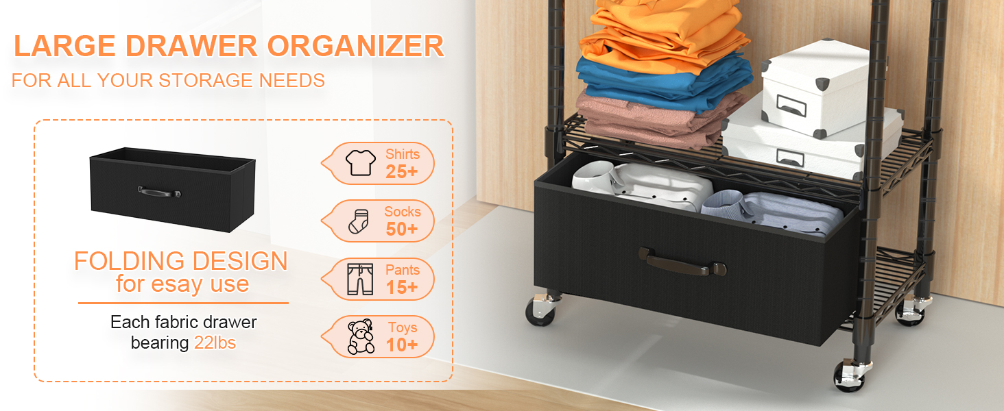 Clothes Rack, Clothes Rack, 4 Tier, Adjustable Closet Organizer System with Drawer | Double Rods | Side Hooks | Holds 445 lbs