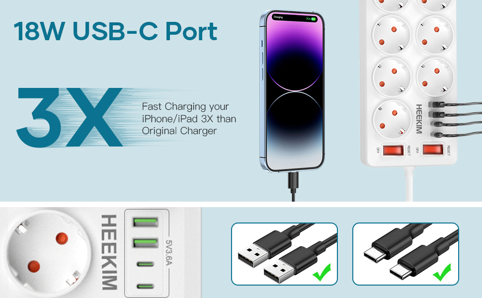 Многофункціональна мережева планка з USB, 11 розеток, вимикач, 2 USB-A та 2 USB-C порти, 4000W, 16A, 2 вимикачі, 2м кабель - білий
