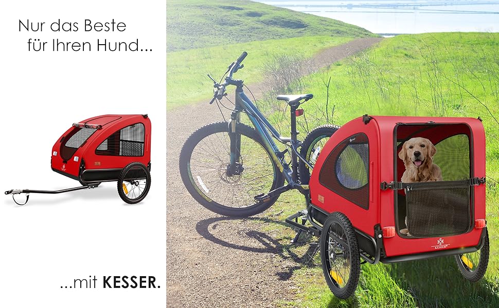 KESSER® Переноска для собак Боксер 2-в-1: візок та велосипедний причіп - велика (250л), з прапорцем та сумкою - 600D Oxford Canvas, складана SmartSpace, до 45кг (червоний/чорний)