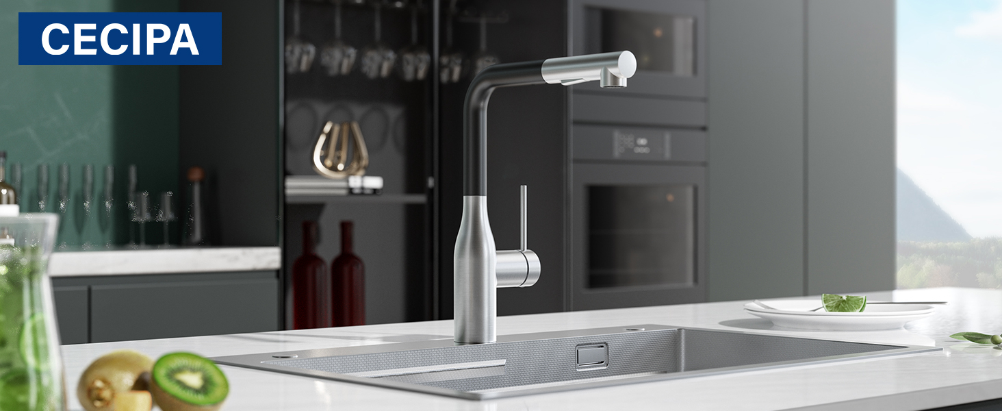 Кран кухонний висувний CECIPA, 360° поворотний, чорний, з витяжним виливом, міцний, без витоків, проста установка, з домішувачем для раковини (щіткова поверхня & чорний колір)