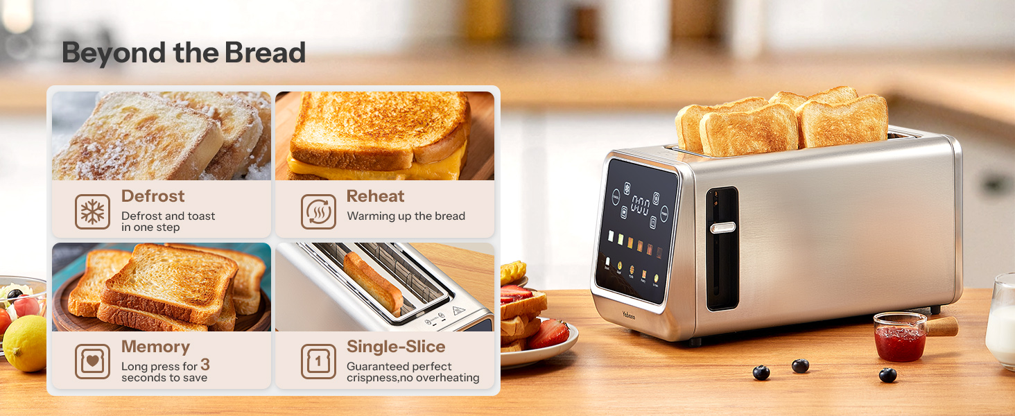 Тостер з нержавіючої сталі з сенсорним екраном та функцією пам'яті, 4-х слайсова модель з 6 рівнями підсмажування та 5 режимами для хліба, функціями розморожування та підігріву, технологією Single Slot
