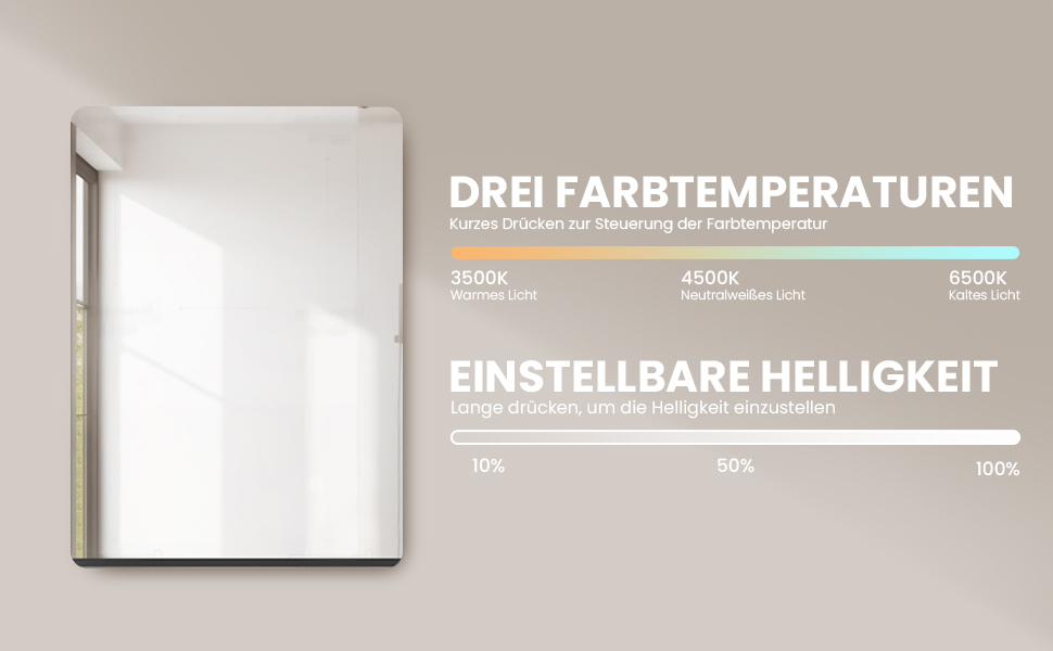 Дзеркало для ванної кімнати LED 50x70 см з підсвічуванням, сенсорне керування, регулювання яскравості, 3 кольори світла, без рамки