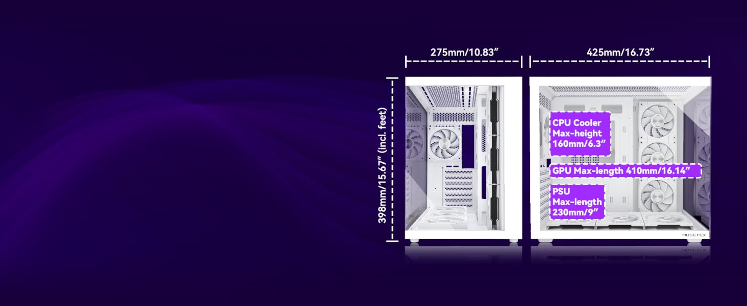 Ігровий корпус для ПК Musetex Y6 ATX Mid Tower, 7 ARGB PWM вентиляторів Infinity Mirror, панорамне загартоване скло 270°, USB Type-C, Білий