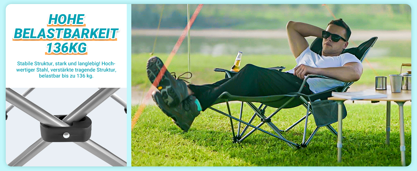 Кемпінговий стілець-шезлонг WEJOY 2-в-1: складаний стілець для пляжу та відпочинку з регульованою спинкою, підставкою для ніг, тримачем для напоїв, сірий/блакитний