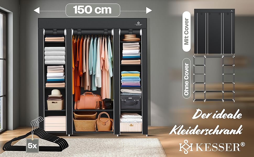 KESSER® Wardrobe Fabric Clothes Rack Stable with Clothes Rail & Shelves, Incl. 5x Clothes Hangers, Fabric Folding Wardrobe for Bedroom, Dressing Room Clothes Rack 150x45x175cm (Black)