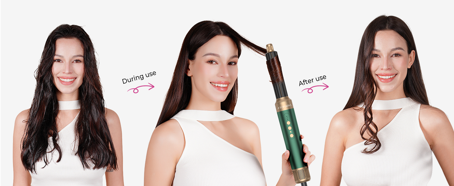 Airstyler Pro 7-в-1: Фен-щітка, плойка, випрямляч, стайлер для волосся Atopskins, 11000 обертів, з насадкою-дифузором, для створення об'єму, локонів та випрямлення, зелено-золотий