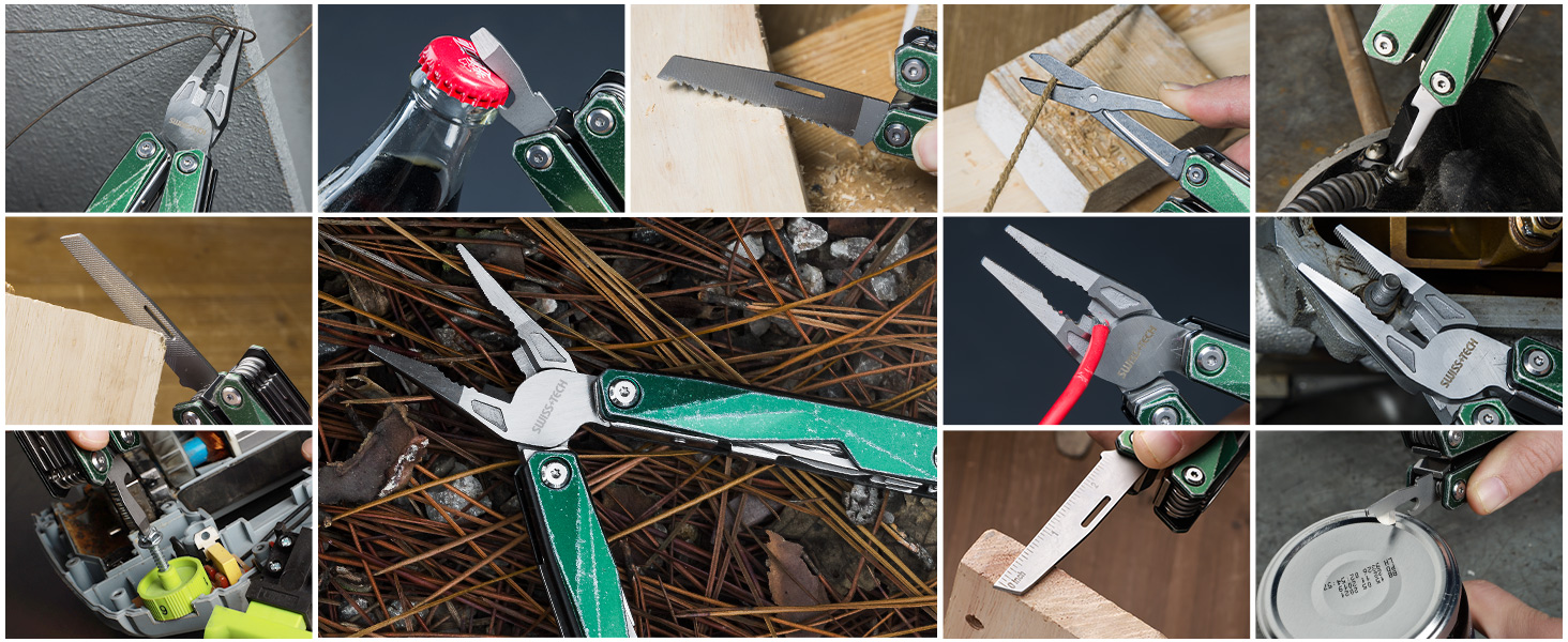 Мультитул Swiss+Tech 16-в-1 з нержавіючої сталі з ножем, пилкою, плоскогубцями, викрутками та ножицями для кемпінгу, відпочинку та ремонту, з чохлом, вінтажний зелений