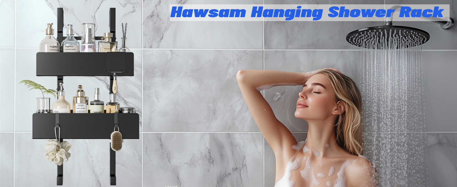 Настінна поличка для душу Hawsam без свердління, чорна, для скляних душових кабін, з регулюванням висоти та 3 гачками для шампуню та гелю для душу