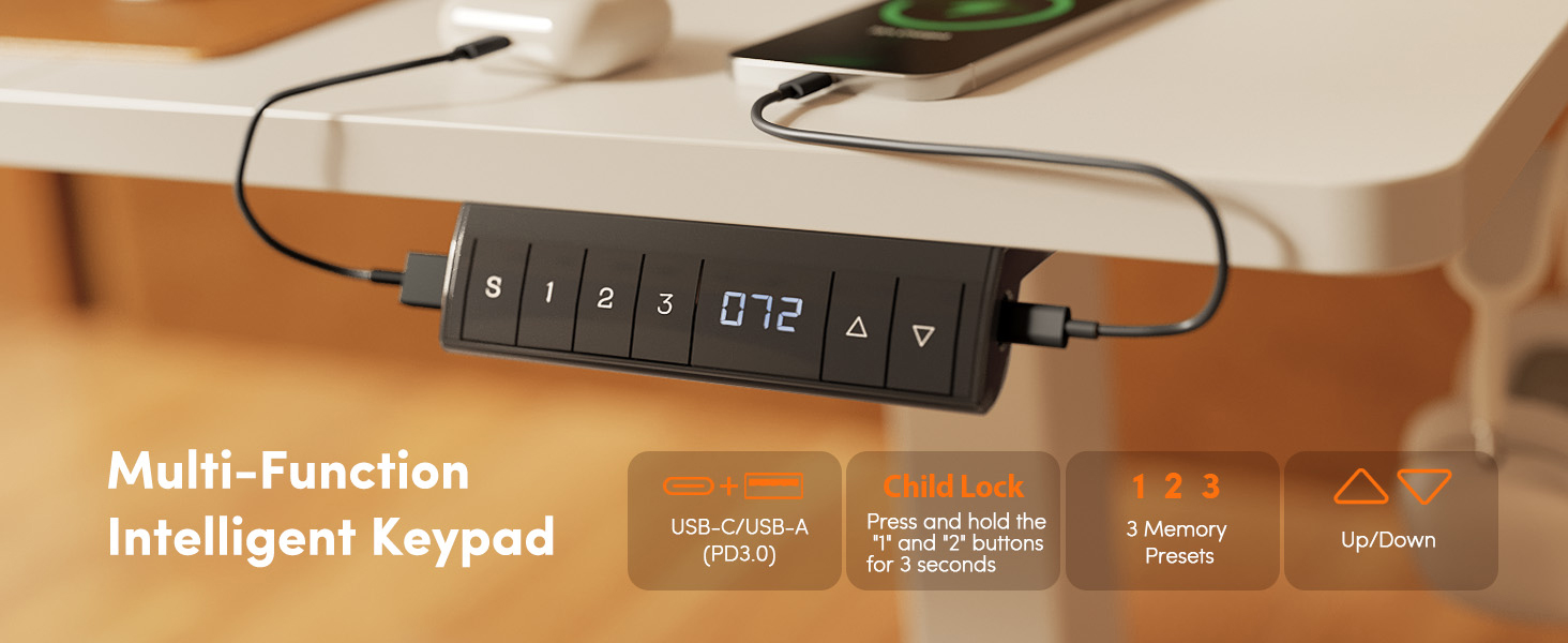 Регульований по висоті письмовий стіл FEZIBO 160x80 см з USB-C та USB-A портами для зарядки, білий