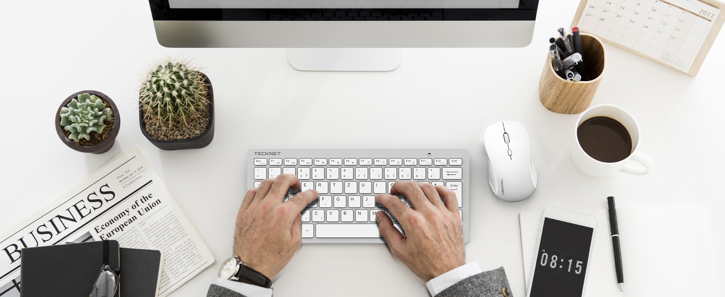 Бездротова клавіатура та миша TECKNET QWERTZ, 2.4 GHz, 15м, тиха, для ПК, ноутбука, Smart TV, білий/сріблястий